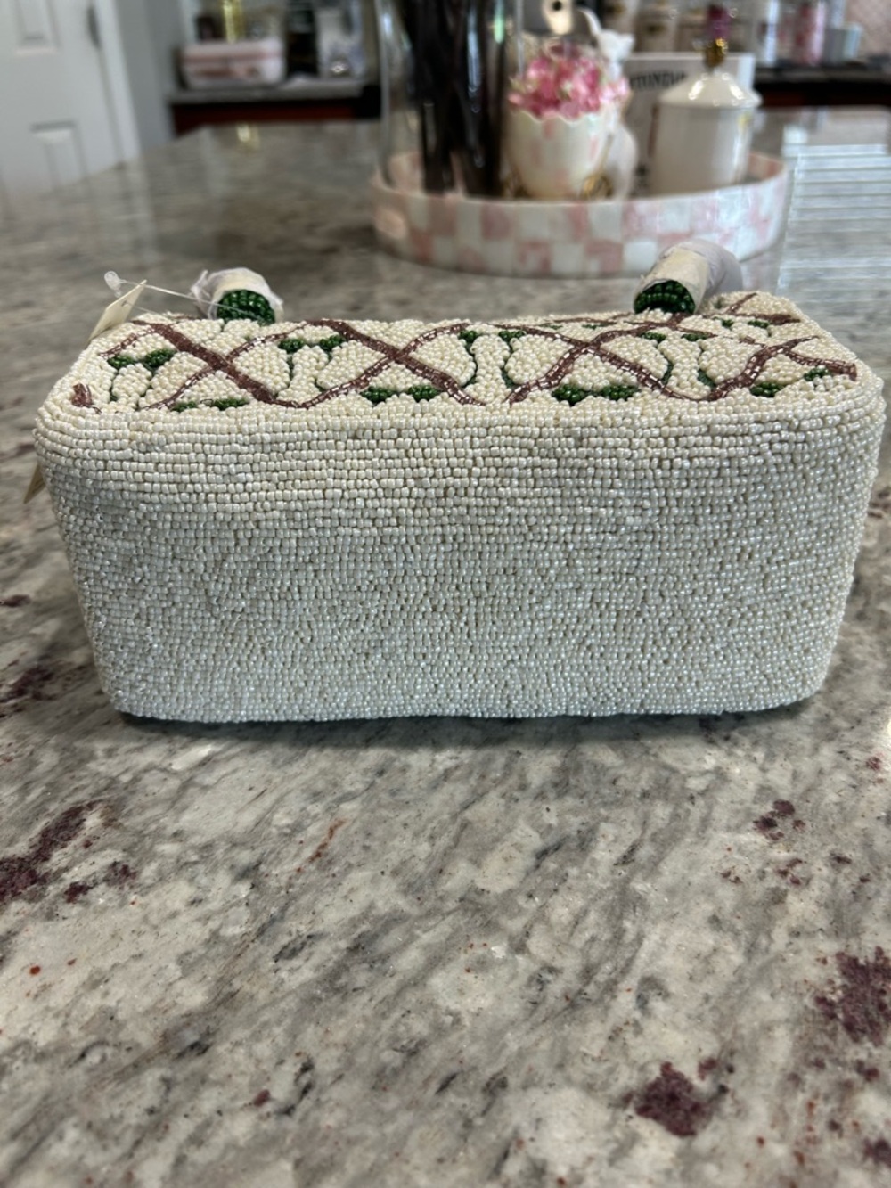 Anthropologie Beaded Cream Tote with Green Handles and Pink Accent - Picture 9 of 12